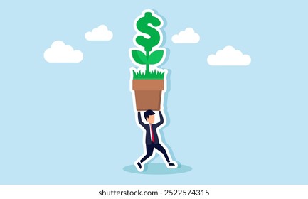 A businessman running while carrying a dollar plant in a pot, an illustration of the security in a company assets allocated for investment.