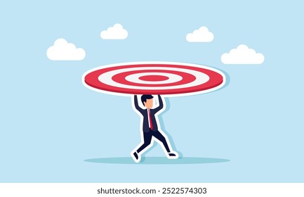 A businessman running while carrying a large target board, an illustration of a businessman's immense ambition or ego in pursuing greater goals.