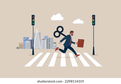 Businessman running with wind-up key. Crossing Road by Crosswalk with Zebra Markup. Flat vector illustration.