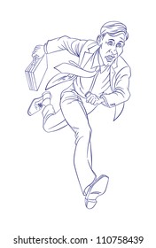 Businessman Running To Work With Briefcase. Blue and White illustration.