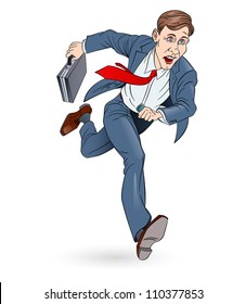 Businessman Running To Work With Briefcase. Illustration on white. In Color.