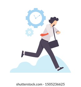 Businessman Running to Work With Briefcase, Organization and Control of Working Time, Efficient Time Management Business Concept Flat Vector Illustration