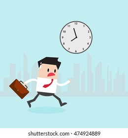 Businessman running to work with city background, business vector illustration.Business concept