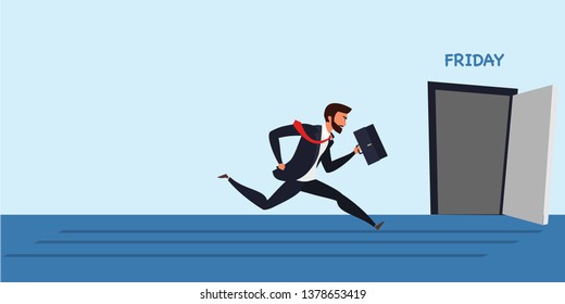 Businessman running to work flat illustration. Office worker hurrying up home at Friday. Employee cartoon character finishing workday. Man in formal suit getting late for job interview vector drawing