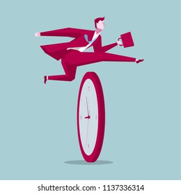 Businessman running,cross the clock. The background is blue.