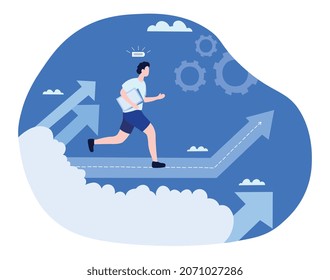 Businessman runs after arrow. Metaphor of vision, goal setting, selfdevelopment. Successful entrepreneur, way forward, company development. Opportunity, ambitions. Cartoon flat vector illustration