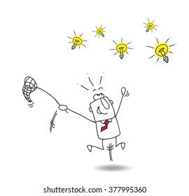 A businessman runs after light bulbs. It's a metaphor of somebody who want find brilliant ideas
