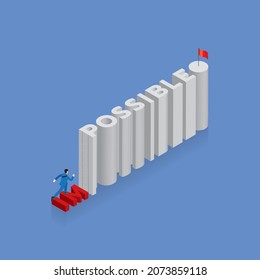 Businessman runs aim to target on text word IMPOSSIBLE into POSSIBLE, arrange in alphabet order with ladder for the climb up the obstacle and red flag at the end. The business motivation concept idea.