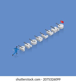 Businessman runs aim to target on the text word PROBLEM, arrange in alphabet order with obstacles barrier and red flag at the end. The business concept of success, challenge, achievement, motivation.