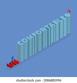 Businessman runs aim to target on text word UNCOMFORTABLE into COMFORTABLE, arrange in alphabet order with ladder for the climb up the obstacle and red flag at the end. The business motivation idea.