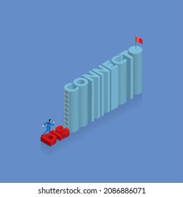 Businessman runs aim to target on text word DISCONNECT into CONNECT, arrange in alphabet order with ladder for a climb up an obstacle and success red flag at the end. Business concept of improvement.