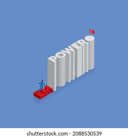 Businessman runs aim to target on text word EMPOWER into POWER, arrange in alphabet order with ladder for a climb up an obstacle and success red flag at the end. Business concept of improvement.