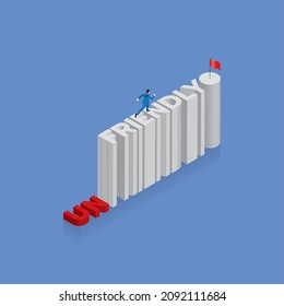 Businessman runs aim to target on text word UNFRIENDLY into FRIENDLY, arrange in alphabet order with ladder for a climb up the obstacle and red flag at the end. Business vision marketing plan concept.