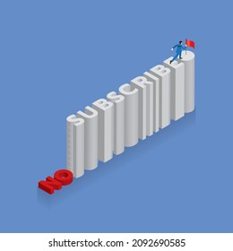 Businessman runs aim to target on text word NO SUBSCRIBE into SUBSCRIBE, arrange in alphabet order with ladder for a climb up the obstacle and red flag at the end. Business marketing plan concept.