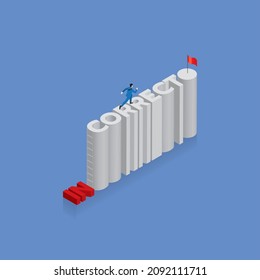 Businessman runs aim to target text word INCORRECT into CORRECT, arrange in alphabet order with ladder for a climb up an obstacle and success red flag at the end. Business concept of improvement.