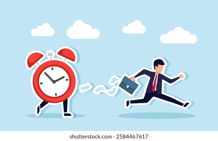 Businessman runs as an alarm clock chases him, causing his paperwork to scatter and fly, illustration of a deadline in completing a business project