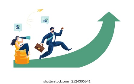 A businessman runs along a green arrow pointing up, financial development. The possibility of successful career growth, people. Business presentation. Business analytics, money. Vector illustration