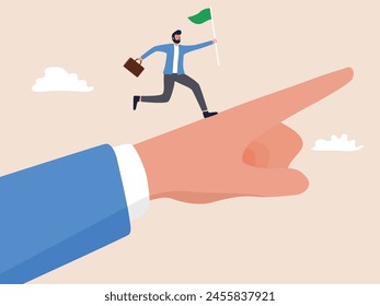 businessman runs atop a giant hand, which is pointing in the same direction, while holding a flag Illustration of leadership and guiding team members in business direction