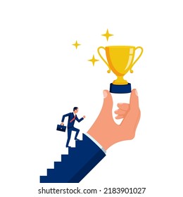 Businessman runs to the award. Motivation for success. The concept of successful people. Vector illustration flat design. Isolated on white background. Victory Cup in the hand.