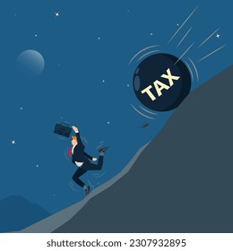 Businessman runs away from big ball TAX that is rolling down to him design vector illustration