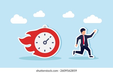 A businessman runs away from a burning stopwatch, illustration of business work deadline