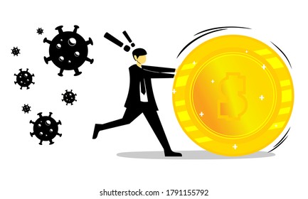 Businessman runs away from coronavirus, bring dollar coin in hands. COVID-19 impact to businessman. Illustration vector