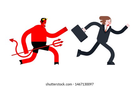 Businessman runs away from Devil. Satan is running after boss