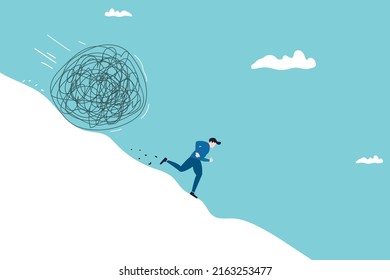 businessman runs away from a large stone rolling down the hill. financial problems, debt, tax, and bill.