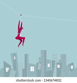 Businessman runs away from mid-air. Below is the city building.
