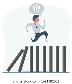 Businessman runs away on dominoes that fall. Domino effect and business crisis concept. Vector flat design illustration.