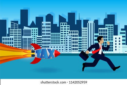 Businessman runs away tax in Big city. Rocket runs after a man on the street. With letters T.A.X. Cartoon vector illustration