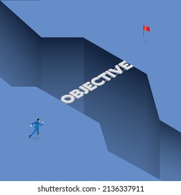 Businessman runs to a bridge text word, across an abyss, split land for a red flag goal. The business concept of idea, strategy, danger, objective, solution, challenge, planning, vision, motivation.