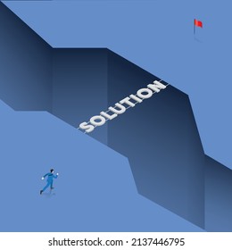 Businessman runs to a bridge text word, across an abyss, split land for a red flag goal. The business concept of idea, strategy, danger, objective, solution, challenge, planning, vision, motivation.