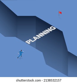 Businessman runs to a bridge text word, across an abyss, split land for a red flag goal. The business concept of idea, strategy, danger, objective, solution, challenge, planning, vision, motivation.