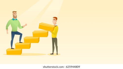 Businessman runs up the career ladder while another man builds this ladder. Businessman climbing the career ladder. Concept of business career. Vector flat design illustration. Horizontal layout.