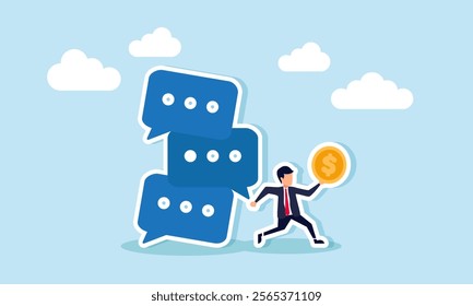 A businessman runs carrying a dollar coin, avoiding a stack of chat dialogues about to collapse, illustration of saving company financial assets from negative market talk