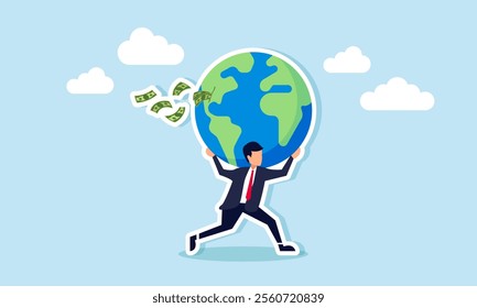 A businessman runs carrying a torn globe, spilling money everywhere, illustration of saving the Earth from irresponsible business exploitation