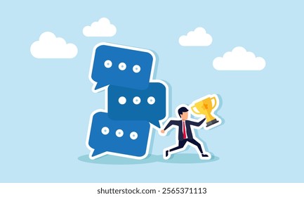 A businessman runs carrying a trophy, avoiding a stack of chat dialogues about to collapse, illustration of securing the leading company title from negative market talk effects