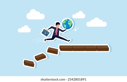 A businessman runs carrying the world, avoiding a collapsing block structure, illustration of securing the world from business practices that harm the environment
