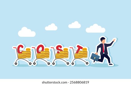 A businessman runs chased by several shopping carts filled with dollar coins and the word COST, illustration of being pursued by responsibilities to settle expenses