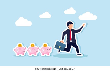 A businessman runs chased by several piggy banks, illustration of being pursued by investment targets