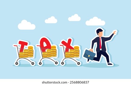 A businessman runs chased by several shopping carts filled with dollar coins and the word TAX, illustration of being pursued by responsibilities to settle business tax bills