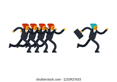 Businessman runs from competitors. Boss and suitcase. Business situation concept

