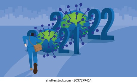 A Businessman Runs To Confront An Obstacle As The Year 2021, 2022 Number And Virus, COVID-19 Coronavirus Global Problem From A Pandemic. Business Concept Of Economic Crisis, Bigger Problem Challenge.