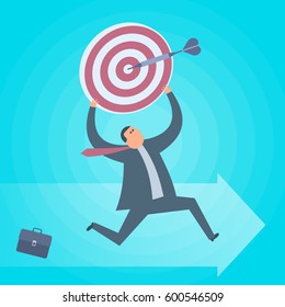 Businessman runs with dartboard goal in hands. Business targets achievement flat concept illustration. Man, aim with dart arrow. Achievement, progress, development and management vector design element