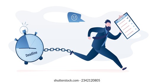 Businessman runs with deadline clock attached by chain to leg. Unhappy office worker holding to do list. Funny male employee. Time management and deadline concept. Vector illustration