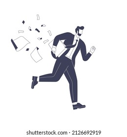 Businessman runs and drops documents. Employee is in hurry to complete tasks to deadline. Goals achievement, ambitions and aspirations in business. Vector graphic illustration with character design