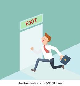Businessman runs to exit door in the office. Running businessman and open door
