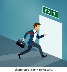 Businessman runs to the exit door in the office.