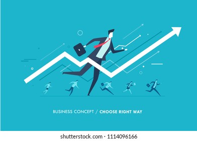 Businessman runs forward to success. growth charts. Success, rates